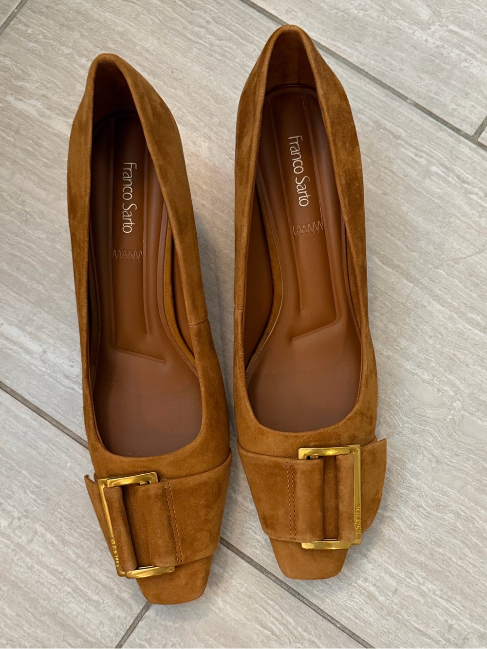 NWOT Franco Sarto Cognac Suede Buckle Flats